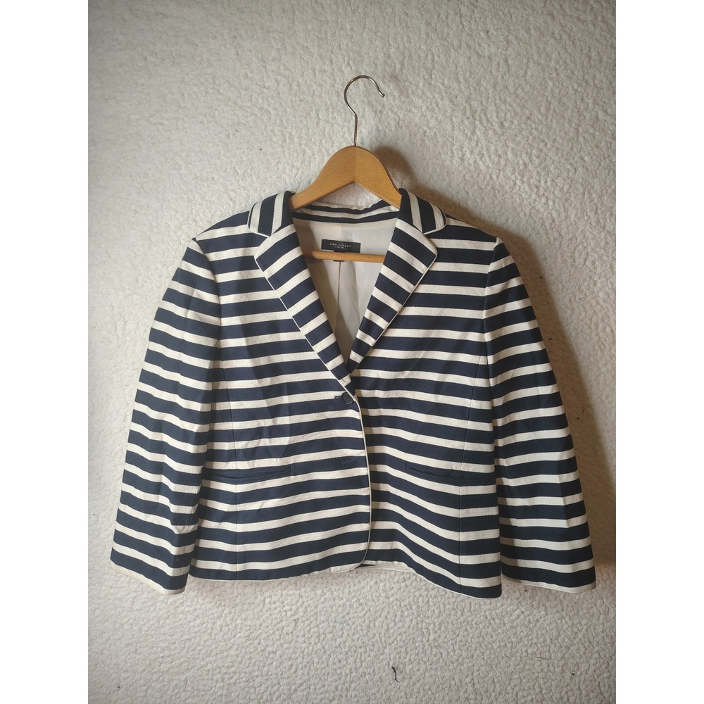 Ann Taylor Navy Blue White Striped Blazer Jacket Size 8 Nautical Two Button